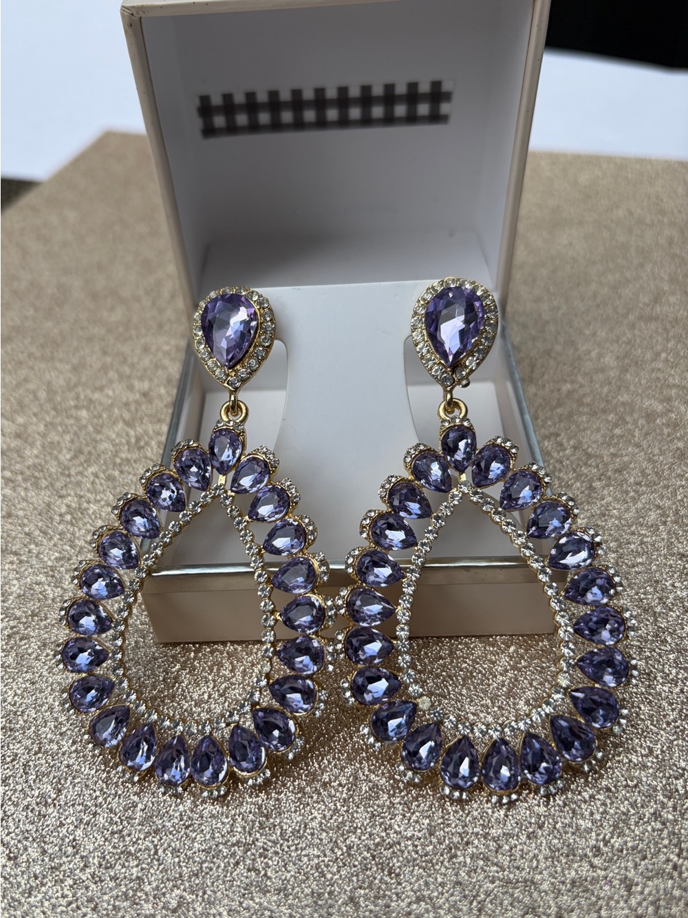 Gold-Tone Purple Teardrop Crystal Dangle Earrings